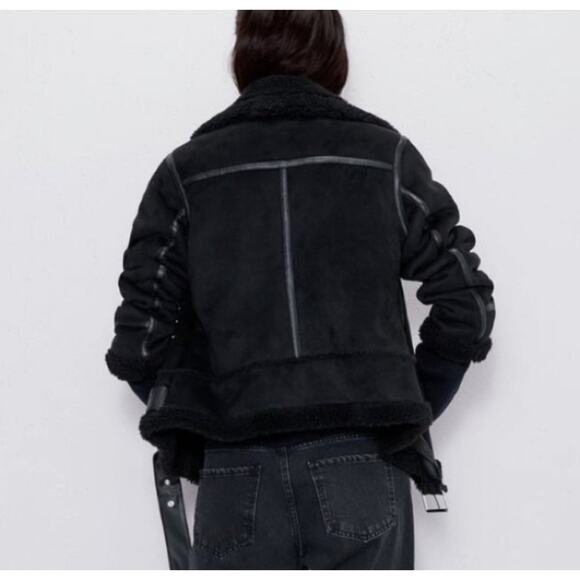 Zara Biker Moto Double Faced Jacket Faux Leather Shearling Black NOWT - Picture 3 of 8